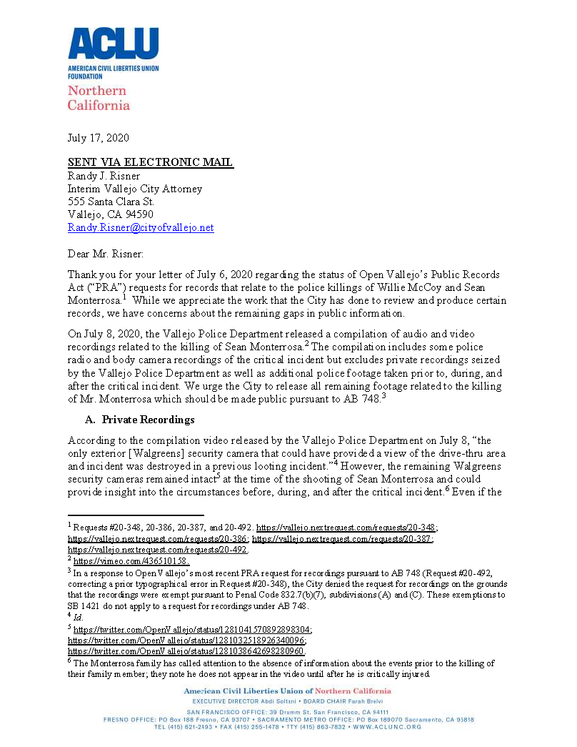 OpenVallejo's tweet photo. BREAKING: According to Interim @CityofVallejo Attorney Randy Risner, "the remaining footage in the Sean Monterrosa matter will be available on the City’s website later this week." The footage will be made public pursuant to a request by Open Vallejo, with help from @ACLU_Norcal. https://t.co/C7YyEOfjxz