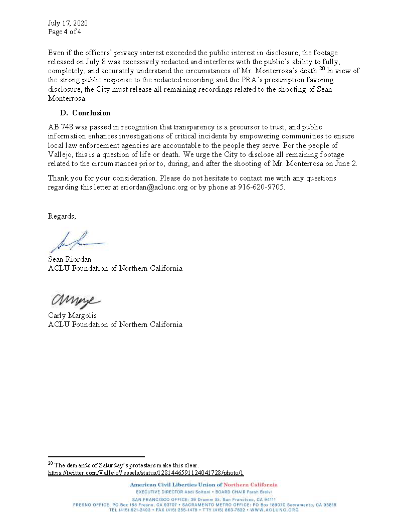OpenVallejo's tweet photo. BREAKING: According to Interim @CityofVallejo Attorney Randy Risner, "the remaining footage in the Sean Monterrosa matter will be available on the City’s website later this week." The footage will be made public pursuant to a request by Open Vallejo, with help from @ACLU_Norcal. https://t.co/C7YyEOfjxz