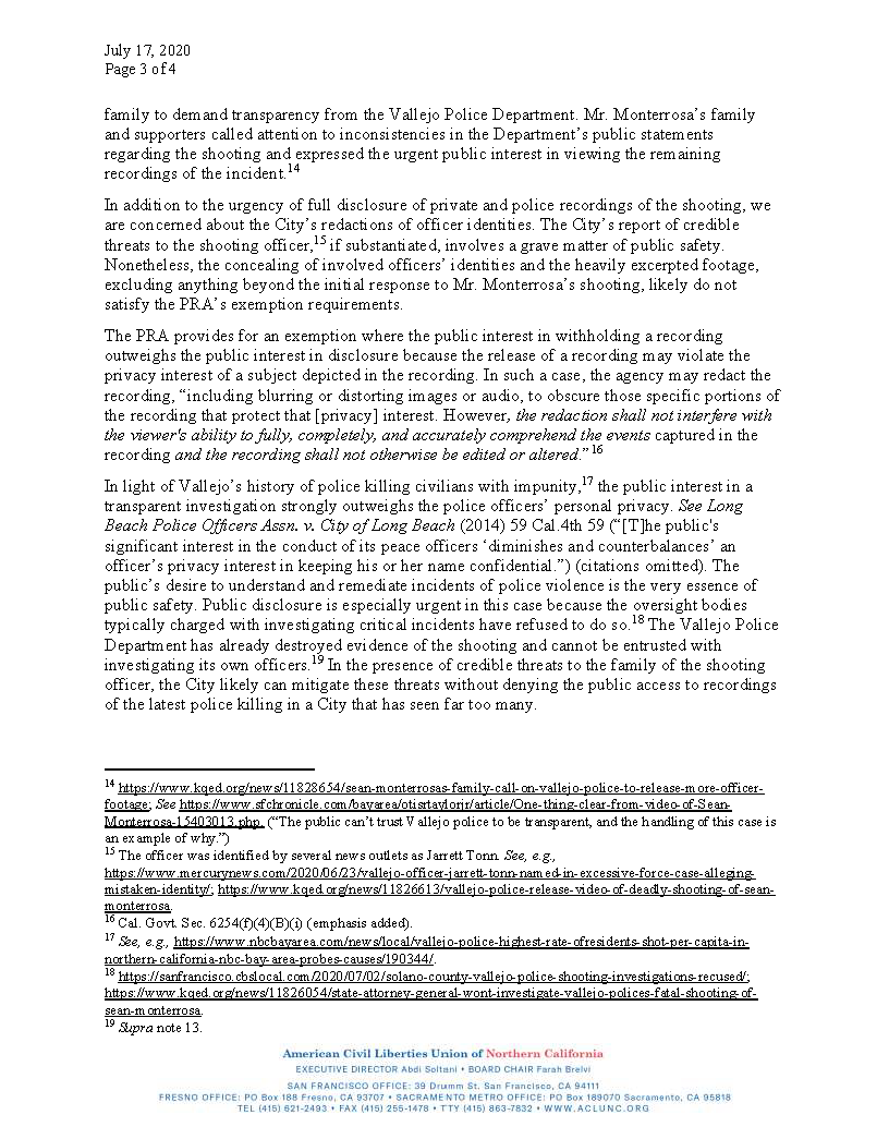 OpenVallejo's tweet photo. BREAKING: According to Interim @CityofVallejo Attorney Randy Risner, "the remaining footage in the Sean Monterrosa matter will be available on the City’s website later this week." The footage will be made public pursuant to a request by Open Vallejo, with help from @ACLU_Norcal. https://t.co/C7YyEOfjxz