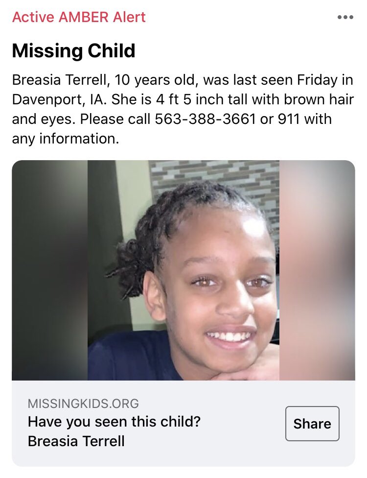DrSFitzPhD's tweet photo. #QuadCities #Muscatine #IowaCity #Iowa Have you seen Breasia Terrell? If so, please call 563-388-3661 or 911 with any information. #BringBreeHome #Davenport #IA #EasternIowa #AmberAlert #Urgent #Emergency #MissingChild #MissingKids
👉🏾 https://t.co/GSSihu894P https://t.co/6LKtTmXZux