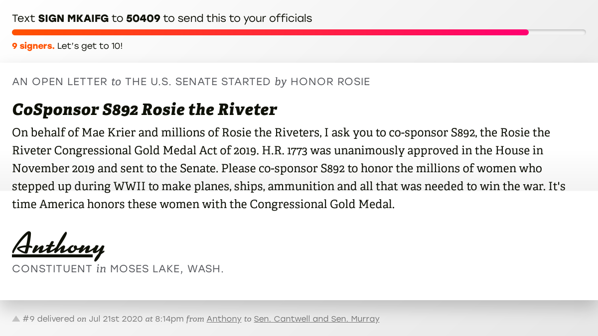 openletterbot's tweet photo. 🖋 Sign “CoSponsor S892 Rosie the Riveter” and I’ll deliver a copy to your officials: https://t.co/UFHBOi50pF

📨 No. 9 is from Anthony to @SenatorCantwell and @PattyMurray #WA04 #waelex #HR1773 https://t.co/o2LvvhmLte