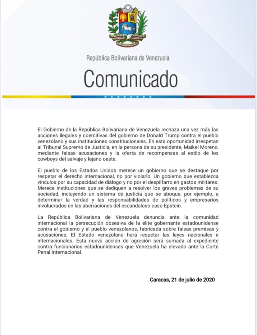 jaarreaza's tweet photo. #COMUNICADO| Venezuela rechaza las acciones ilegales y coercitivas del gobierno de Donald Trump que, al estilo de los cowboys del lejano oeste, irrespeta al Tribunal Supremo de Justicia y a su Presidente, Dr. Maikel Moreno, a partir de falsas acusaciones. https://t.co/kfU120BIYJ