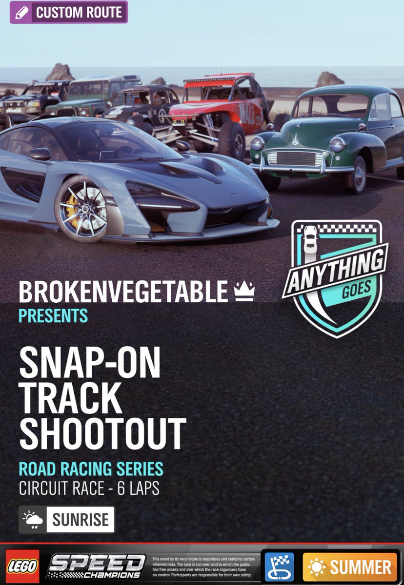 Brokenvegetable's tweet photo. *NEW ROUTE* 

Snap-On Track Shootout

1.7 Mile Laps
6 Laps 
All Asphalt 
Anything Goes 
Summer 
Slightly Wet Conditions 
Perfect For A/S1 Class 

Watch me create this⬇️⬇️⬇️
https://t.co/2pU4uRGBie 

#Blueprint #BVP #CustomRoute #LegoLand #ForzaHorizon4 https://t.co/dV7uD4gC9K