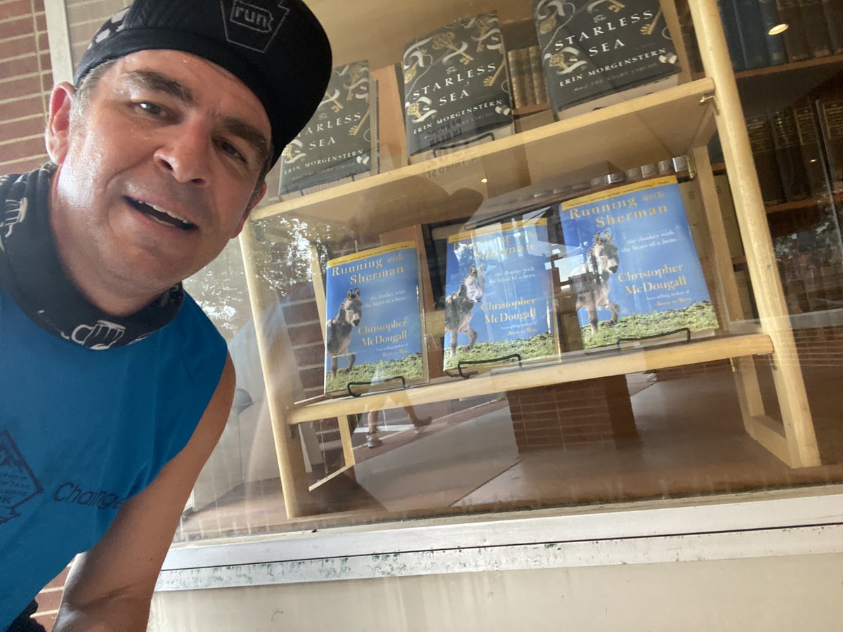 Out on a selfie scavenger hunt in HBG with running friends and course had to stop for a selfie at <a href="/MidtownScholar/">Midtown Scholar</a> for a selfie with <a href="/ChrisMcDougall/">ChristopherMcDougall</a>’s awesome book! #Sherman