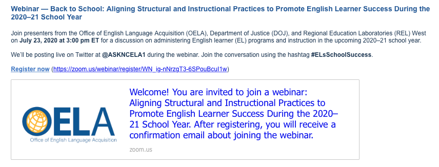 OELA webinar Thursday, July 23, 3PM EST (Noon PST)
Register:
zoom.us/webinar/regist…
<a href="/MEGASDCOE/">Multilingual Education & Global Achievement- SDCOE</a> <a href="/DLELnetwork/">DualLangNetwork</a> <a href="/ELnetworkSDCOE/">LangLearnLead</a>