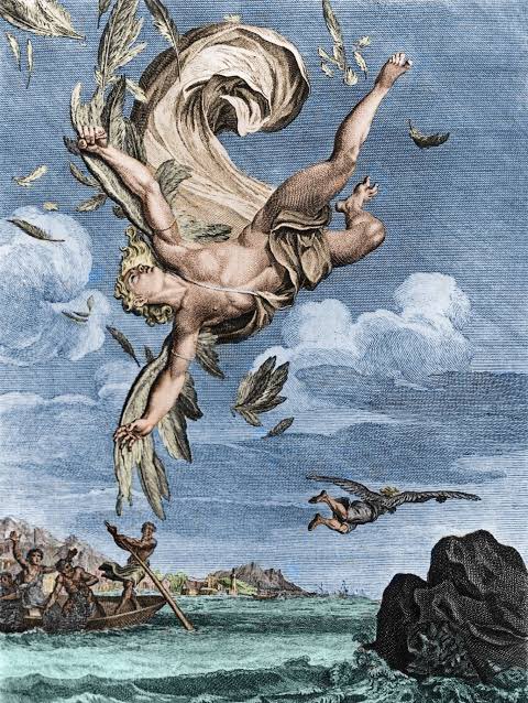 He fell like a leaf tossed down by the wind, down, down, with one cry that overtook Daedalus far away. When he returned and sought high and low for the poor boy, he saw nothing but the birdlike feathers afloat on the water, and he knew that Icarus was drowned.