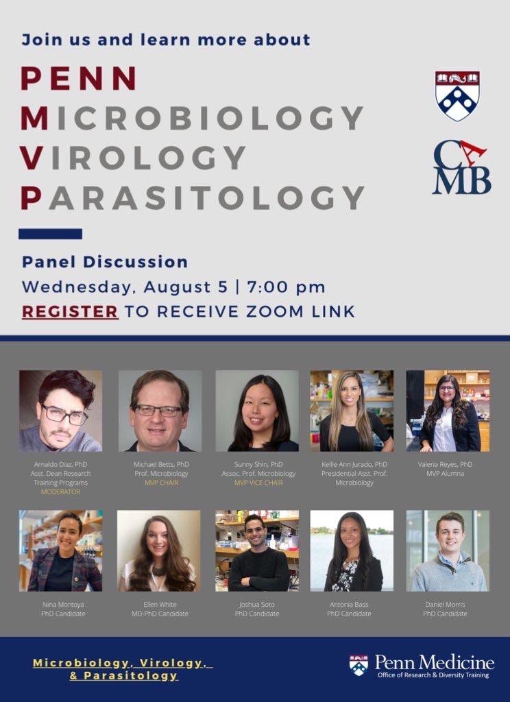 PRRSI2's tweet photo. Join #Microbiology, #Virology, &amp; #Parasitology faculty, alumni, &amp; PhD trainees on August 5, for a panel discussion on the research, mentoring, resources, &amp; community that @CAMBUpenn has to offer. 

 To register: https://t.co/7Nkc8e9ntp https://t.co/vyI2slZoPt