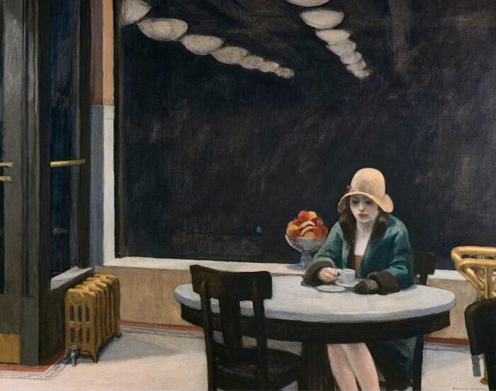 Peter_Bridgman's tweet photo. It's Edward Hopper's birthday. The patron saint of social distancing.

Automat (1927), Des Moines Art Centre, Iowa. https://t.co/Dsxm2r4xTr