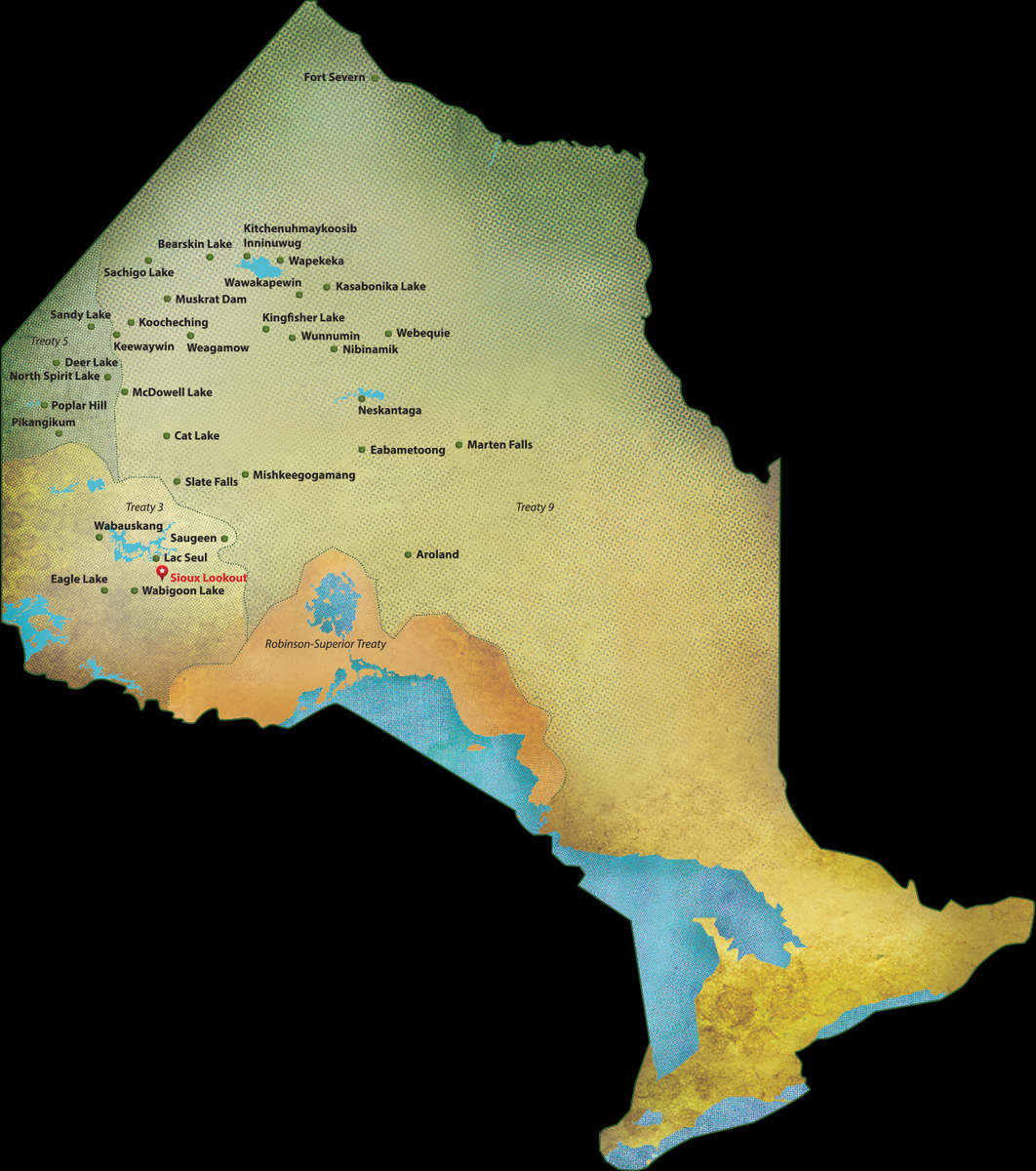 Sioux Lookout is home to 5500 ppl + located approximately halfway bw Winnipeg and Thunder Bay. It is a healthcare + service hub for over 2 dozen Oji-Cree and Ojibway (Anishinaabe) communities across Treaty 3, 5, and 9 territories spread across an area the size of France.