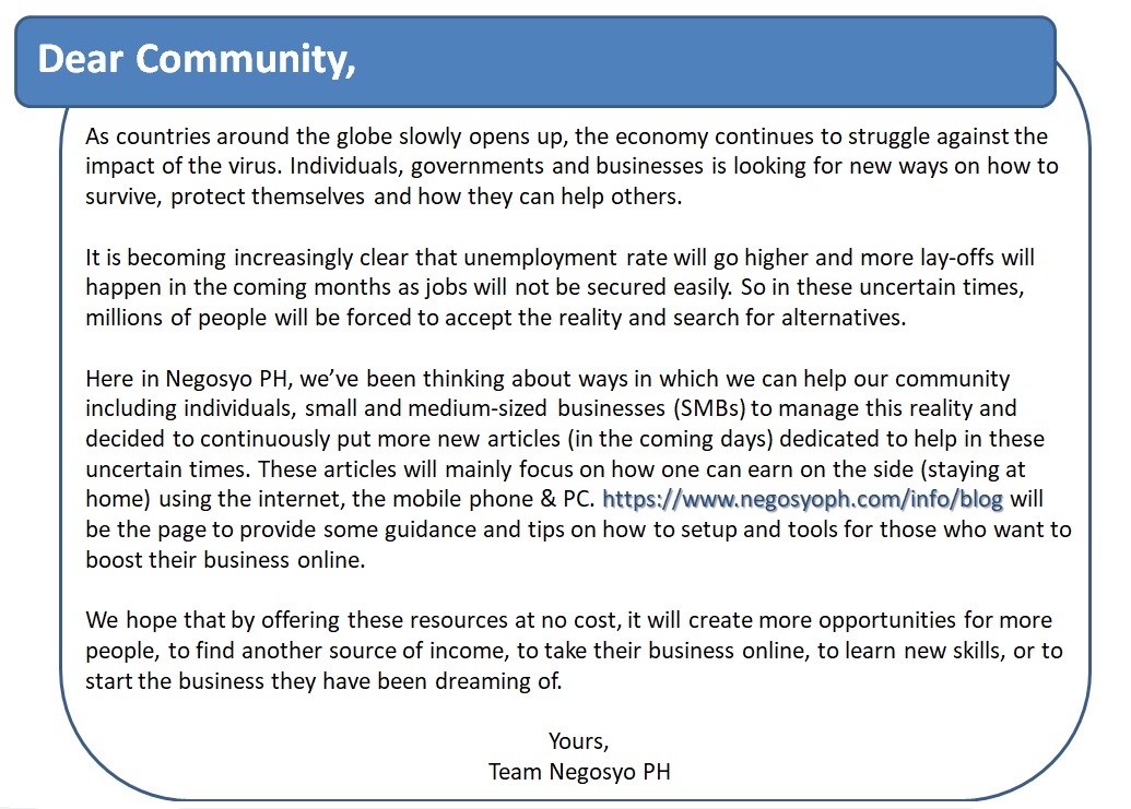 NegosyoPinas's tweet photo. Message to the community...

We got your back!

#GoodVibes #ShareThisForward #Help1Another https://t.co/BCZWgx9p0S