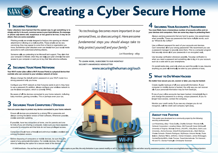 SANSInstitute's tweet photo. Is your home #cyber #secure? With so many of us at home more, now is a good time to check to make sure you’re following best practices to keep yourself, home network, devices, and accounts secure. 

Download your Free copy of this @SANSAwareness Poster  > https://t.co/esDGAAZxcu https://t.co/zKzkM9F0S1