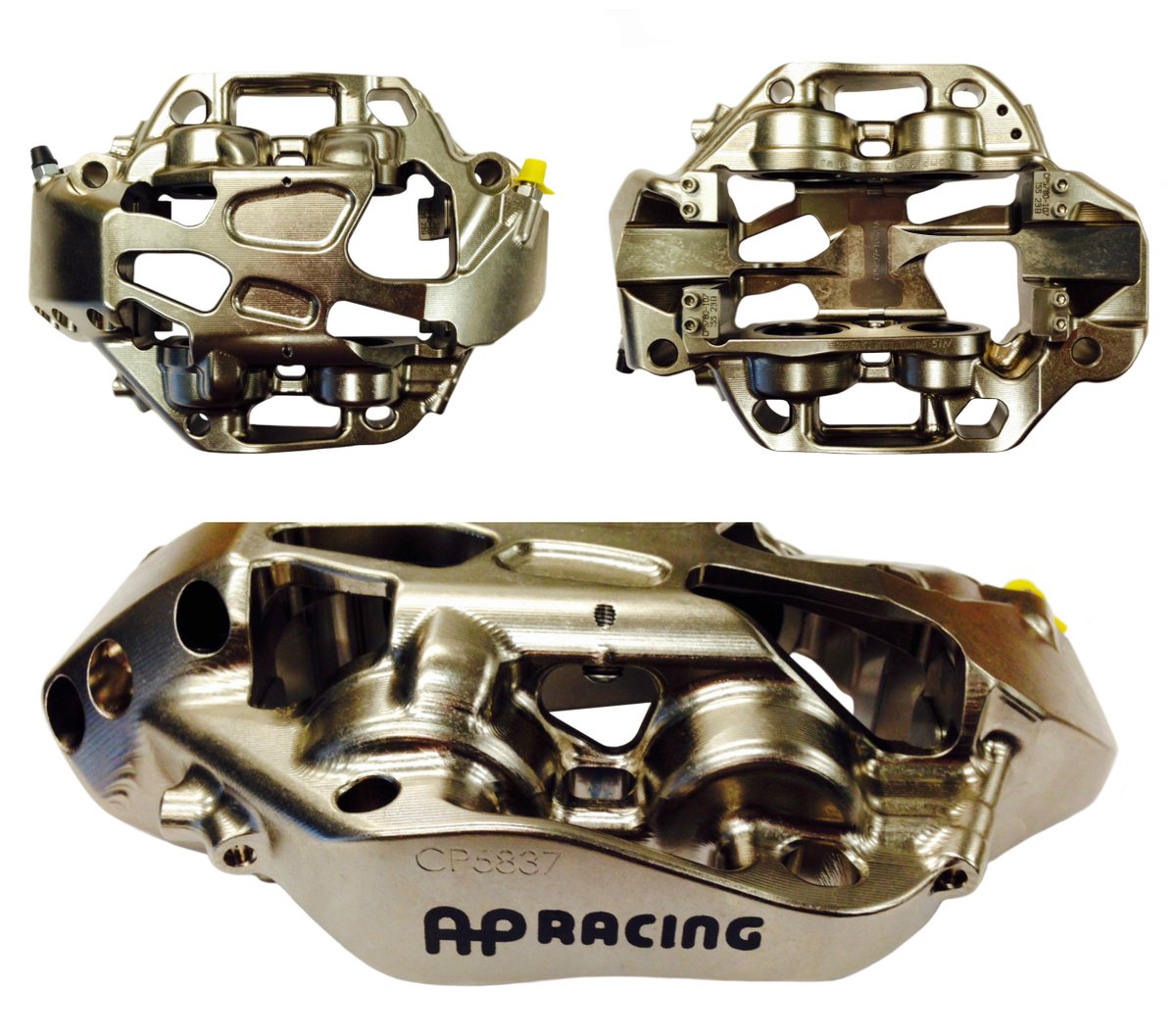 This is a SuperSpeedway caliper from AP Racing/Essex. They are generally the smallest. You will noticed that there are a lot of machined areas to reduce weight. They can be this smaller and thin because they are rarely used and often have to be warmed before a pit stop.