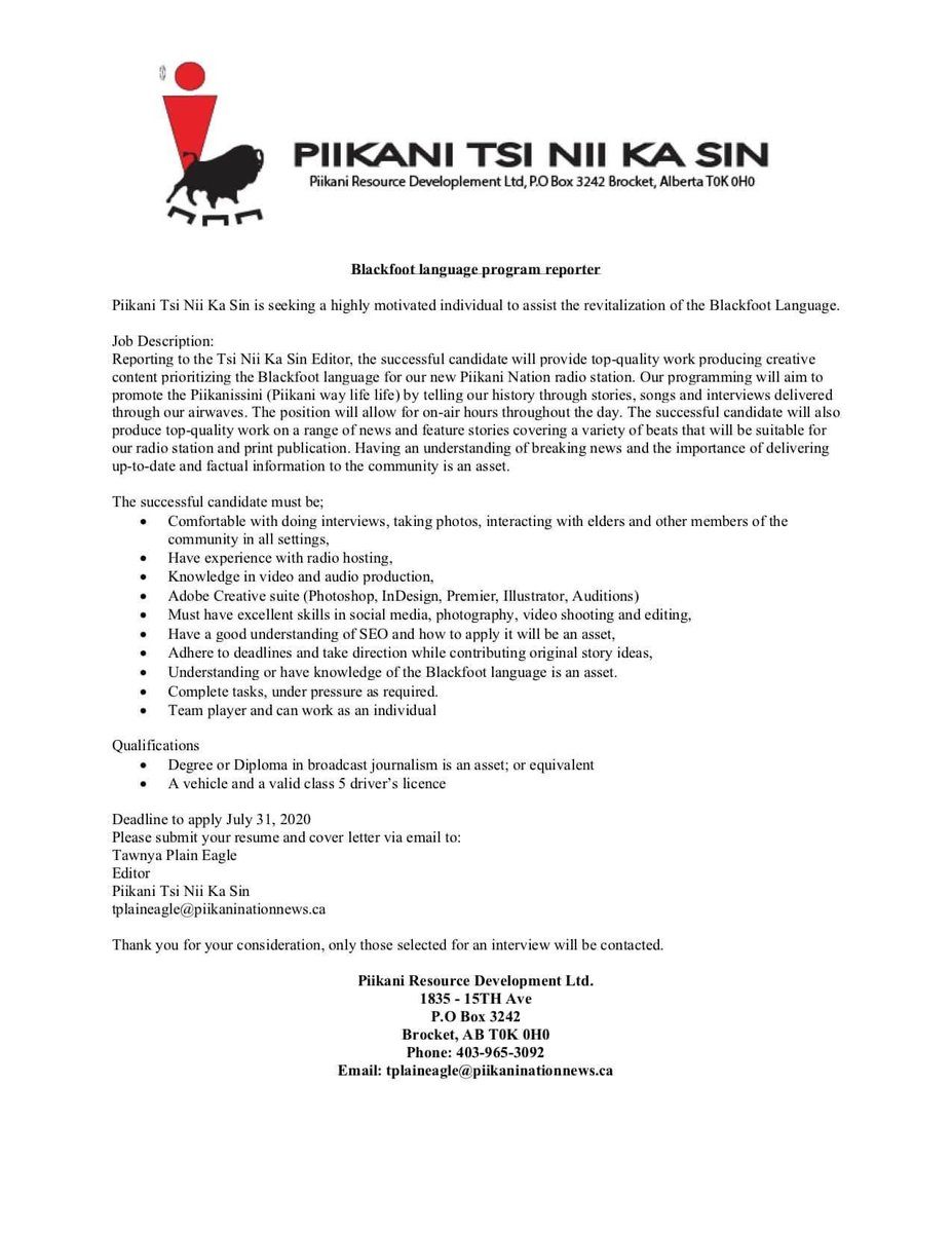 PiikaniNews's tweet photo. Oki. We are hiring. The position will require lots of interaction with Piikani elders. Audio and Video production and some an on air time. The position focuses a lot on language revitalization so Knowledge of the Blackfoot way of life is an asset. See posting for more details. https://t.co/rdpQW4eMt1