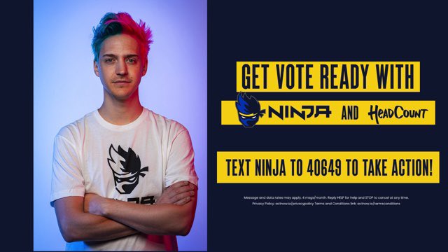 Ninja's tweet photo. I partnered with @HeadCountOrg Text VOTER NINJA to 40649 to check your registration status, register and get ready! #join2020vote https://t.co/TcmVB2PmG5 https://t.co/gjTuvJfqa7