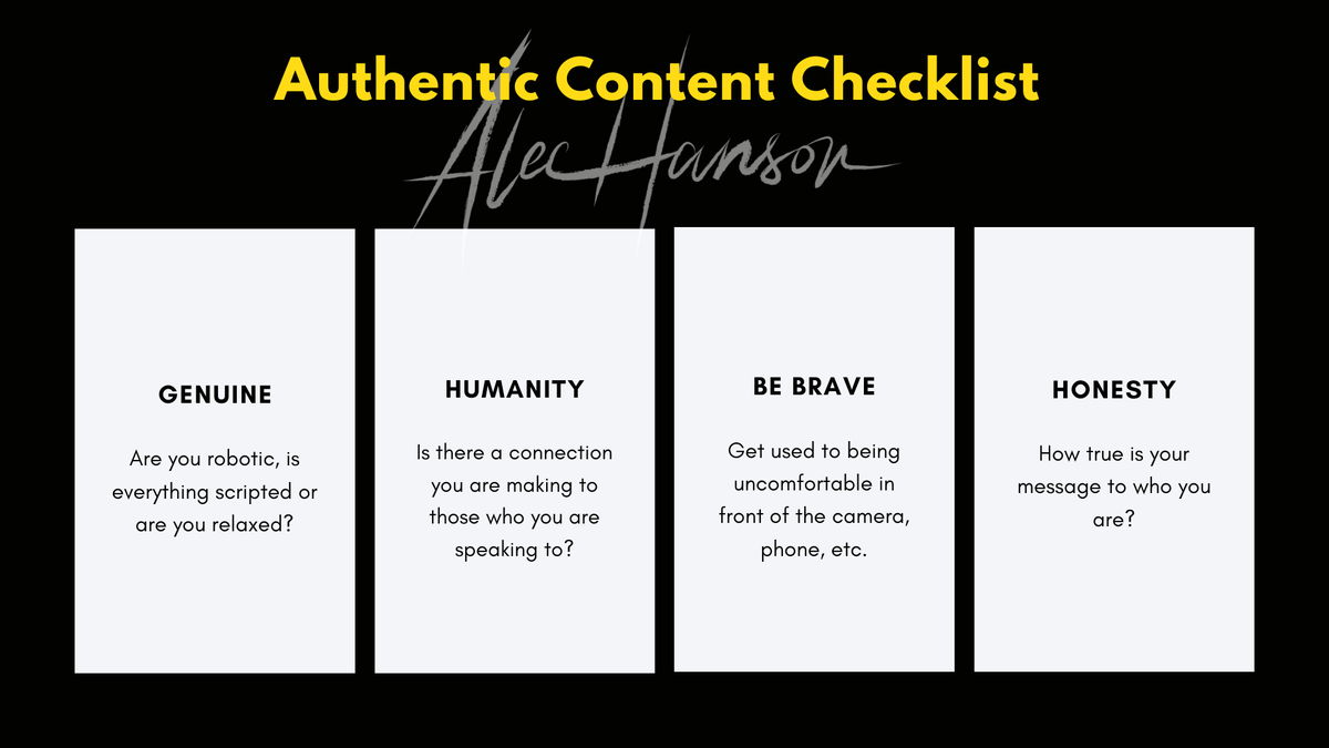 Alechanson's tweet photo. Here's a quick checklist on Authenticity in your content. It's simple, so don't overthink it. Just create and then ship it!
#genuine #humanity #brave #honesty #mmca #mortgage #digitalmarketing #nextx https://t.co/iYGdSrL2Qf