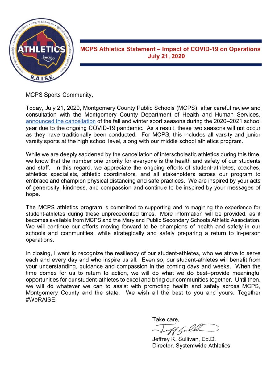 MCPSAthletics's tweet photo. Please see the attached statement regarding the @MCPS cancellation of the fall &amp; winter sports seasons. https://t.co/GtIxFfvxXq