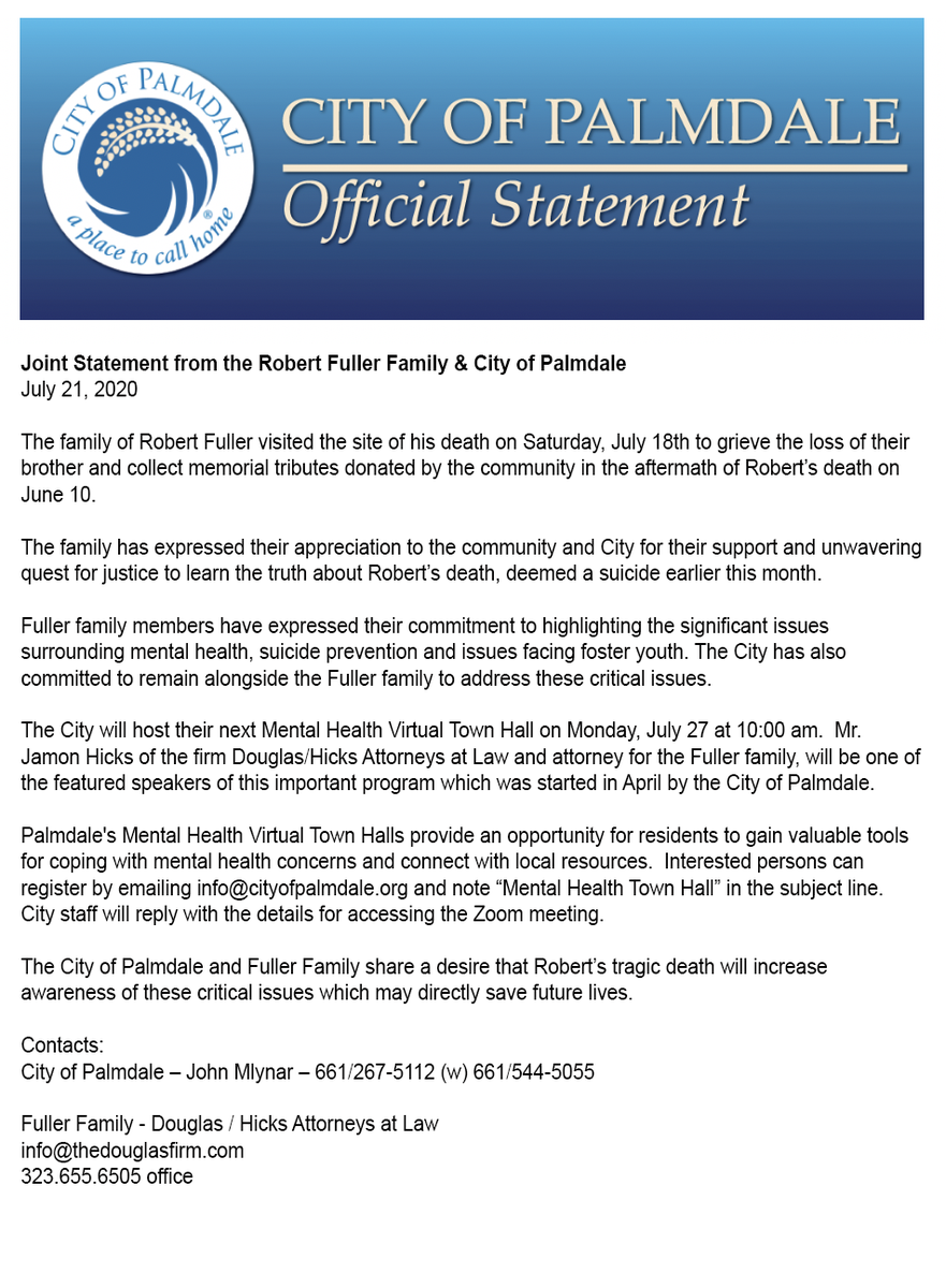 PalmdaleCity's tweet photo. Joint Statement from the Robert Fuller Family & City of Palmdale - July 21, 2020 #RobertFuller #JusticeForRobertFuller
#RIPRobertFuller https://t.co/6Wj7CXIQQO
