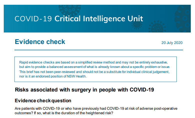 nswaci's tweet photo. Here is a link to our latest #NSWHealthCIU #evidencecheck on risks associated with surgery in people with #COVID19 #COVID19Aus https://t.co/W37sTAQErs https://t.co/33RjdDAzRx