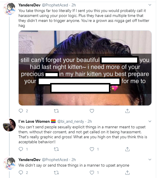Update - another person to add to this: @/ProphetAcedAgain, just block themcw // more sexually charged tweets in these screenshots.It's disturbing that they think fanart of an anime character is worse than what they're doing.
