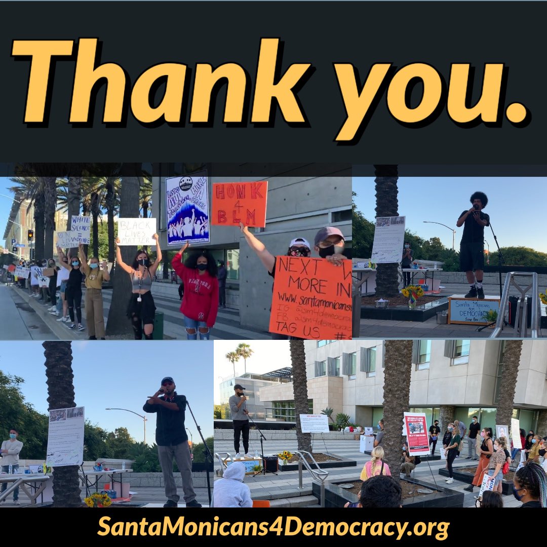 SM4Democracy's tweet photo. Thank you again for last week’s amazing rally! 

We rally again tomorrow in front of Santa Monica Police department (333 Olympic Drive)  @ 5pm

Join us and bring some friends! 

Please check out our website for our latest newsletter which recaps last week’s powerful gathering. https://t.co/mu73t3LWLx