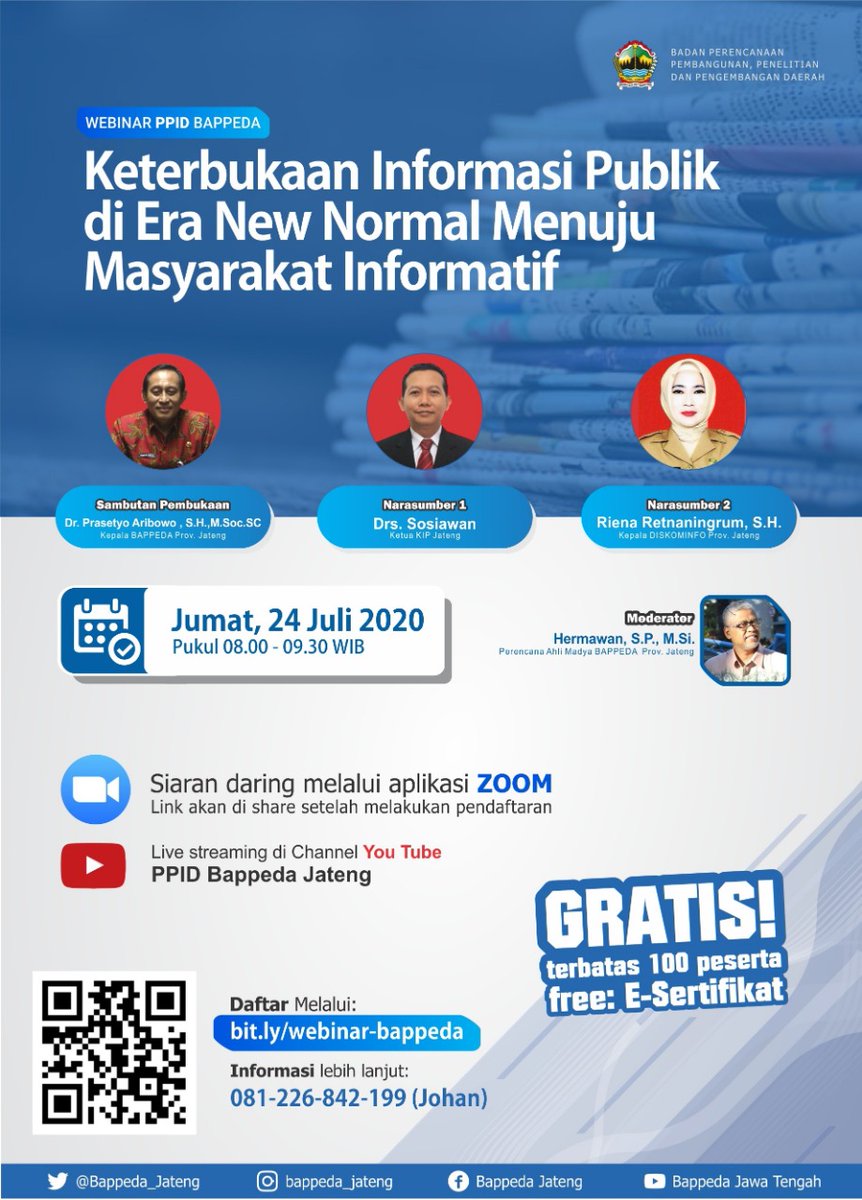 Webinar "Keterbukaan informasi publik di era new normal menuju masyarakat informatif"
Untuk pendaftaran sila cek informasi dibawah, peserta terbatas 
Cc <a href="/Bappeda_Jateng/">Bappeda Jateng</a>