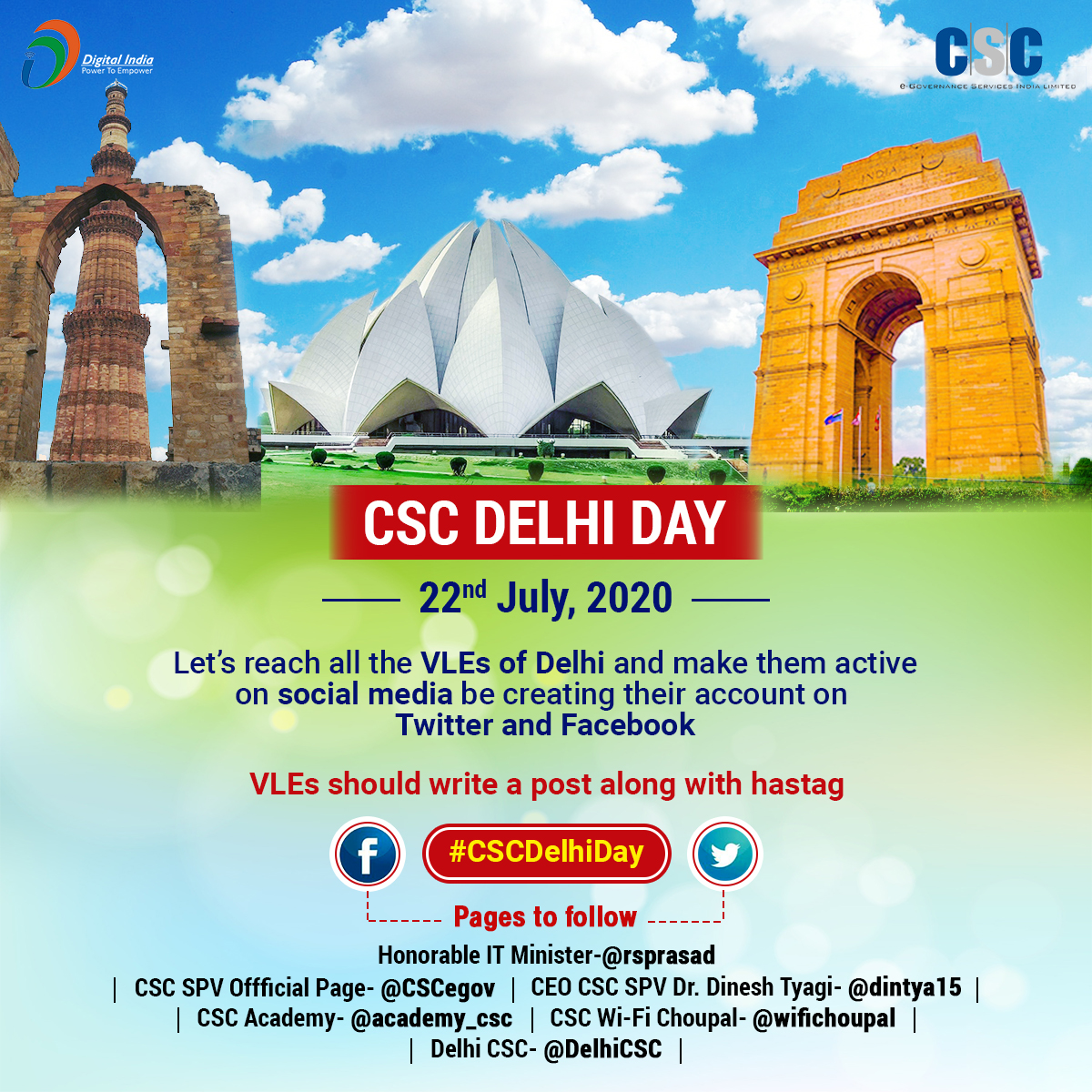 CSCegov_'s tweet photo. CSC across #Dekhi celebrates #CSCDelhiDay today.

Calling upon all VLEs of Delhi to participate in CSC Delhi Day and share photos and details of their activities on Facebook and Twitter using hashtag #CSCDelhiDay.

#CSC #5YearsOfDigitalIndia #DigitalIndia #wednesdaymorning https://t.co/ypsJdswbud