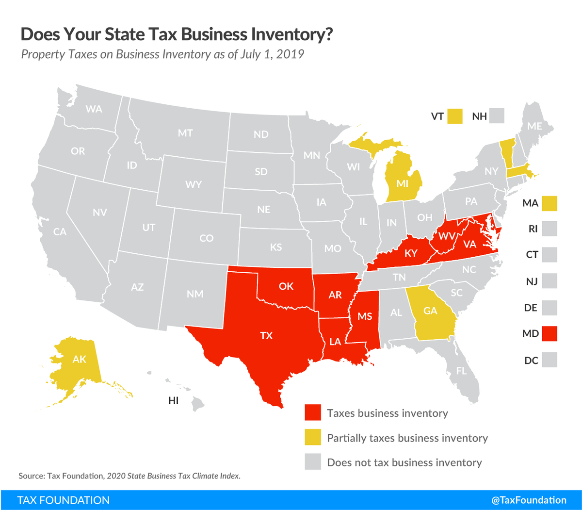 TaxFoundation's tweet photo. As we continue to look at tax types that can harm states’ economic recovery, it’s worth highlighting business inventory taxes.

They are levied regardless of whether a business makes a profit, adding to the burden of those already struggling to stay afloat https://t.co/2qr4SYmNqg https://t.co/N3Ww3ZgqJS