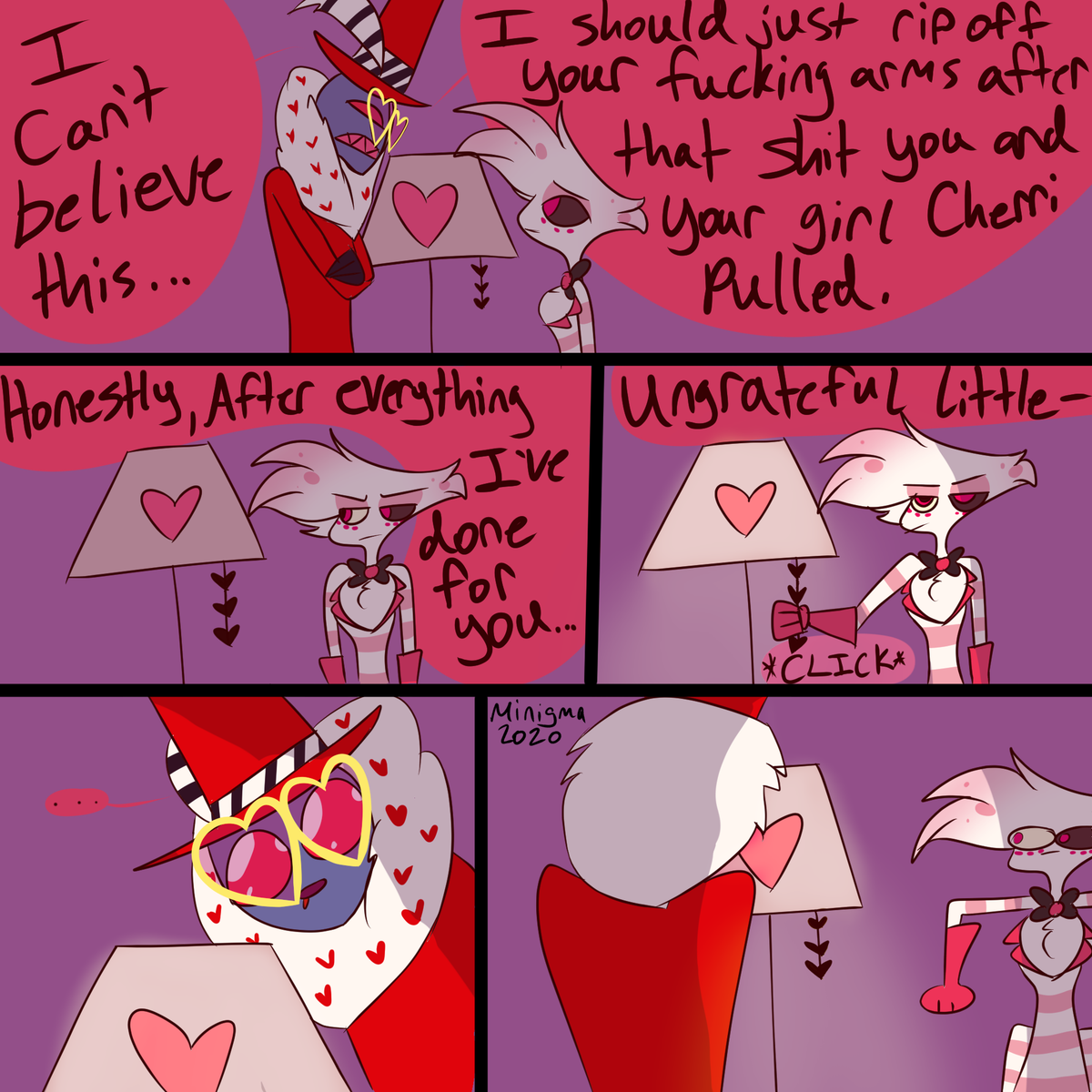 Minigmaenigma's tweet photo. You know how Blitzo was able to uh. Brrr Stolas to get him to stop lecturing him? What if Angel was able to do that with Val but like. This. 
Got the idea from someone on discord XD #HazbinHotel #HazbinhotelValentino #HazbinHotelAngelDust #HazbinHotelFanart https://t.co/XR3zGGfxUV