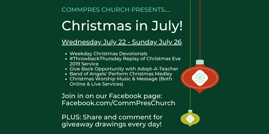 CommPresChurch's tweet photo. Starting tomorrow morning....join our church family for five days of CHRISTMAS JOY on our Facebook page! https://t.co/B27iRzCRar https://t.co/hjJ4hOQpkP