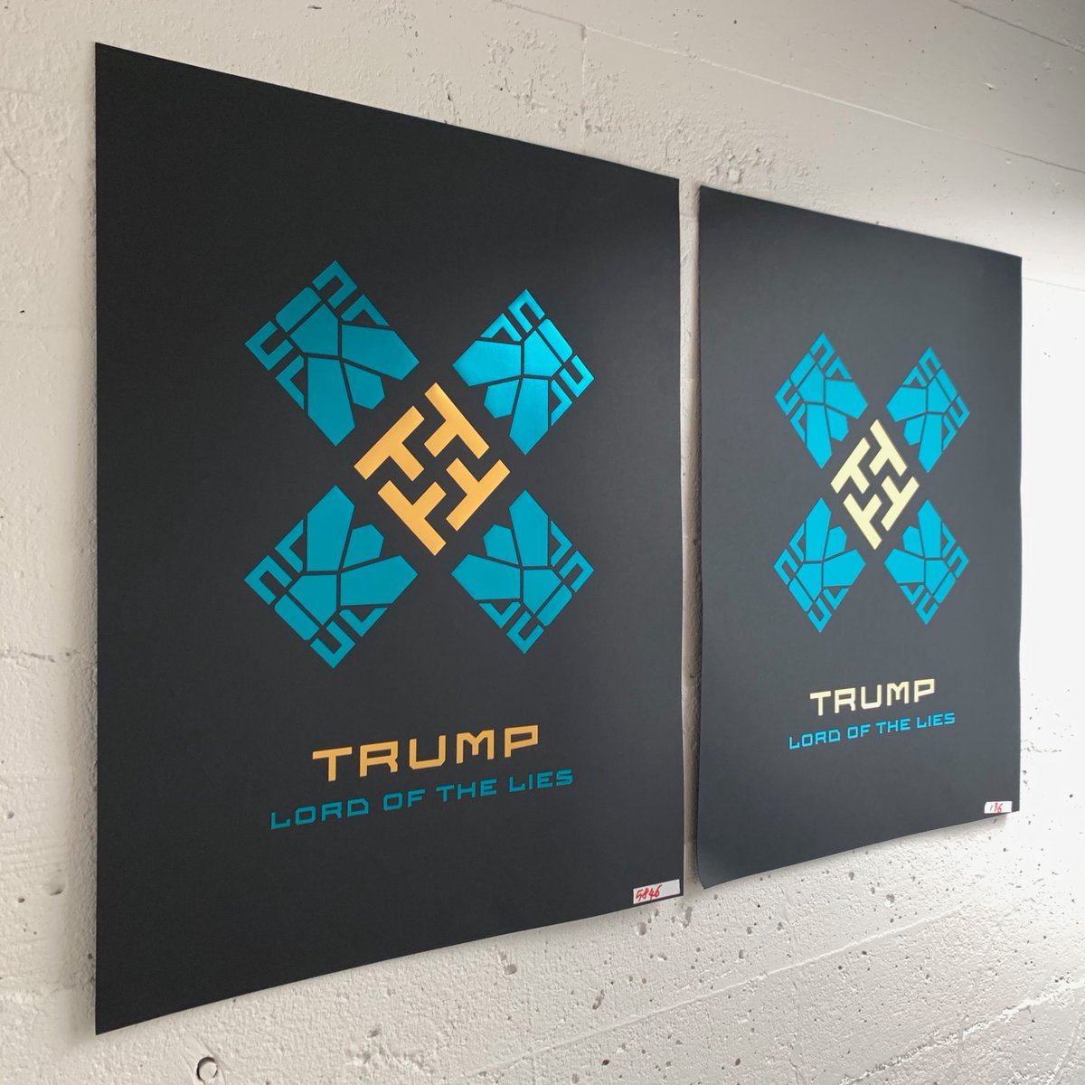DesignisPlay's tweet photo. Press checking different gold foils for “Trump: Lord of the Lies” earlier today. It was four years ago next month (August 26, 2016) that we press checked our “Trump 24K Gold-Plated” and “Trump 14K Gold-Plated” posters.

More gold foil tomorrow as well as registered embossing. https://t.co/w0Ty2o6XaM