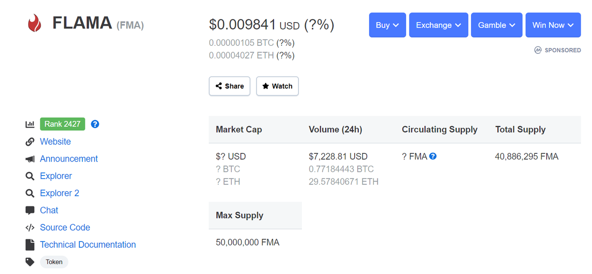 FlamaToken's tweet photo. We are alive in CoinMarketCap! 

https://t.co/Ld3j6x19sq

$FMA $FLAMA @CoinMarketCap Thanks! 

@cctip_io draw 0.15 ETH 1000 https://t.co/lrGe9SqjRz
