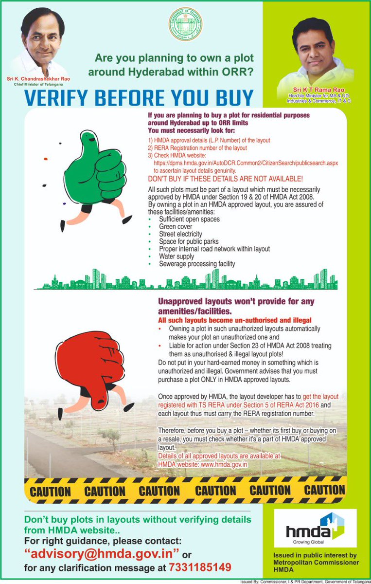 arvindkumar_ias's tweet photo. Buying a house site/plot within #ORR ? 

Look for #HMDA layout number and #RERA details.

Must go for plots in approved layouts only 

Don’t risk your hard-earned savings in unauthorised layouts - it’s in your interest 

Check https://t.co/Avok6cK5Ql

@KTRTRS https://t.co/dXKqEvZxZq