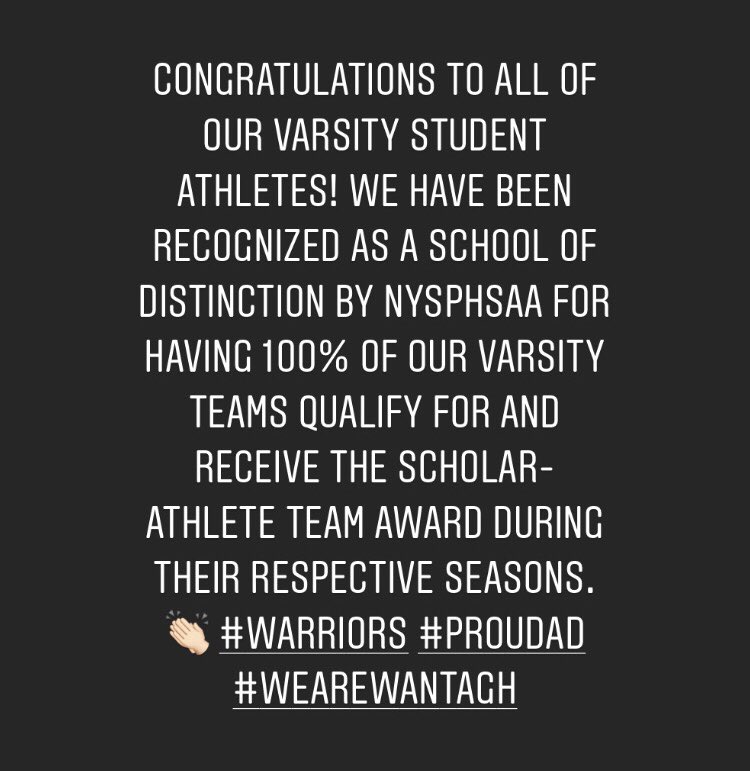 Congratulations to all of our Varsity Student-Athletes! We have been recognized as a School of Distinction by NYSPHSAA. 👏🏻 #warriors #proudAD #WeAreWantagh <a href="/WantaghSchools/">Wantagh Schools</a> <a href="/WantaghHS/">Wantagh High School</a>