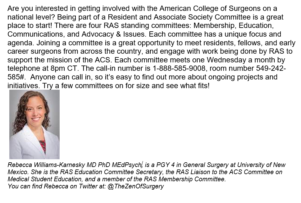 RASACS's tweet photo. Introducing our first @RASACS tip of the month for interns:
Join a RAS committee!
Check out @TheZenOfSurgery as she shares how and why.👇👇👇👇
https://t.co/ZetvDZrZHY https://t.co/Zk6E9C3seB
