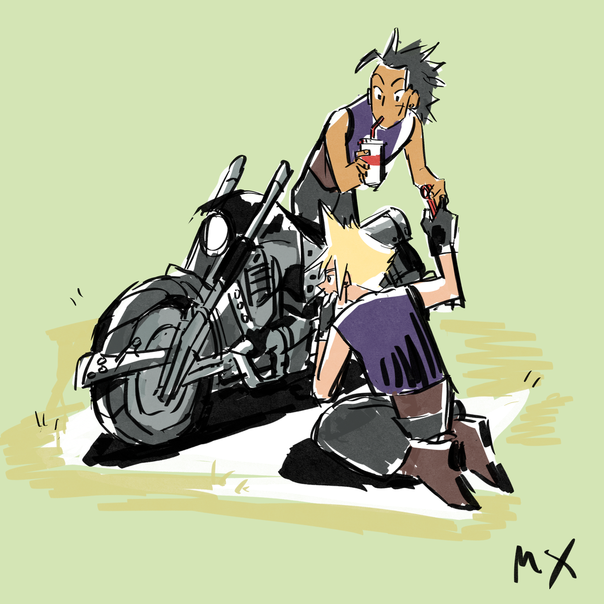 waltherp28's tweet photo. quick sketch for #sliceofclack!! This weeks theme is journey, so i drew zack helping cloud with a repair... #ff7 #clack #zakkura https://t.co/DNfP9GKegr