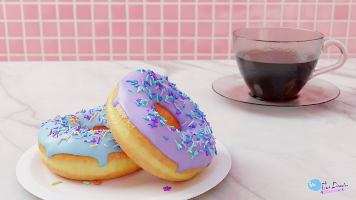 OtterDoodler's tweet photo. Took a deep dive back into 3D the last few days. Itโs been awhile, but following @andrewpprice โs donut tutorial series was really fun and an easy way to get the hang of and switch over to Blender.
Now I just want donuts....
#blendergurututorial #learningnewthings #otterdoodles https://t.co/ACMDs4Odxj