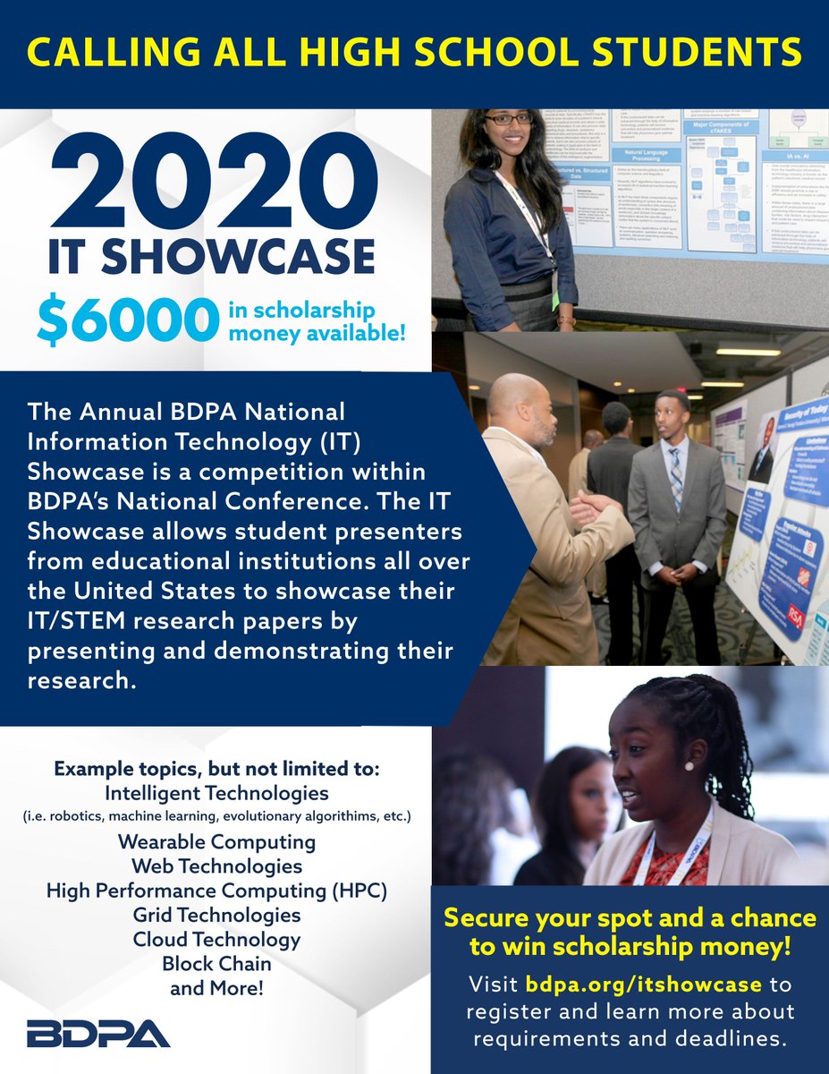 Do you know any high school students that need scholarship money!  BDPA has opportunities at vBDPA2020 (bdpa2020.com).  Work with your local BDPA Chapter to get involved!
