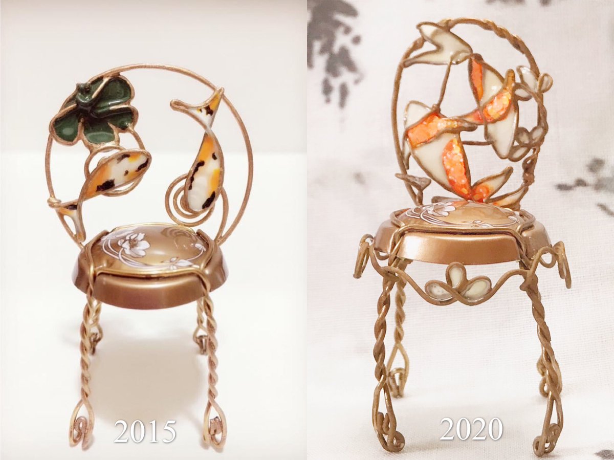 JennyHu33276495's tweet photo. 以錦鯉作椅背裝飾，五年前已經做過。首件作品送人後被盜去，一直耿耿於懷，後來復刻了幾次，感覺已不大如前。直至現在終於有自己滿意的作品了。
🔗FB Page: https://t.co/7Umej45cEt

#錦鯉又有咩高見
#錦鯉又做過啲咩
#champagne 
#muselet #handmade
#champagnechair
#wireart #koi
#winetrash https://t.co/TlSLyR4tRT
