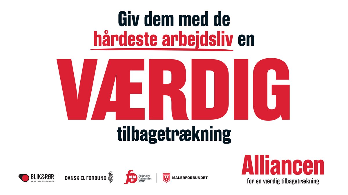 Giv de hårdeste arbejdsliv en værdig tilbagetrækning!
Det er budskabet fra <a href="/blikroer/">Blik- og Rørarbejderforbundet</a>, <a href="/NNFdk/">FødevareforbundetNNF</a>, Malerforbundet og Dansk El-Forbund. I 'Alliancen for en værdig tilbagetrækning' sender vi beskeden til politikerne, at det er NU, de skal indføre retten til en tidlig pension #dkpol