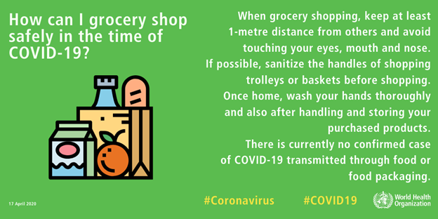 WHOSEARO's tweet photo. How can you shop for groceries during #COVID19?

👉Maintain physical distance from others

👉Sanitize the handles of shopping trolleys or baskets. 

👉Wash your hands when you reach home and after handling your groceries. https://t.co/AK7RtVg8Of