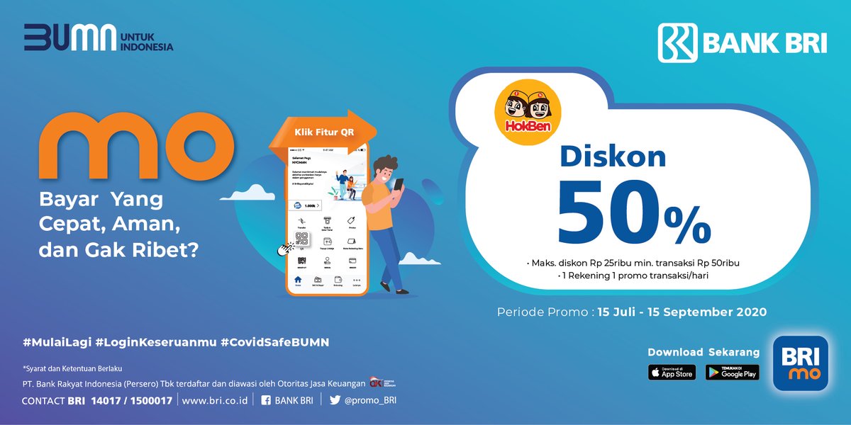 Makan enak tetap hemat di <a href="/HokBen/">HokBen</a>, bayarnya jangan lupa pakai BRImo QR karena ada diskon 50% lho! Info lengkap, klik di bit.ly/hokbenqr

#promobri #bankbri