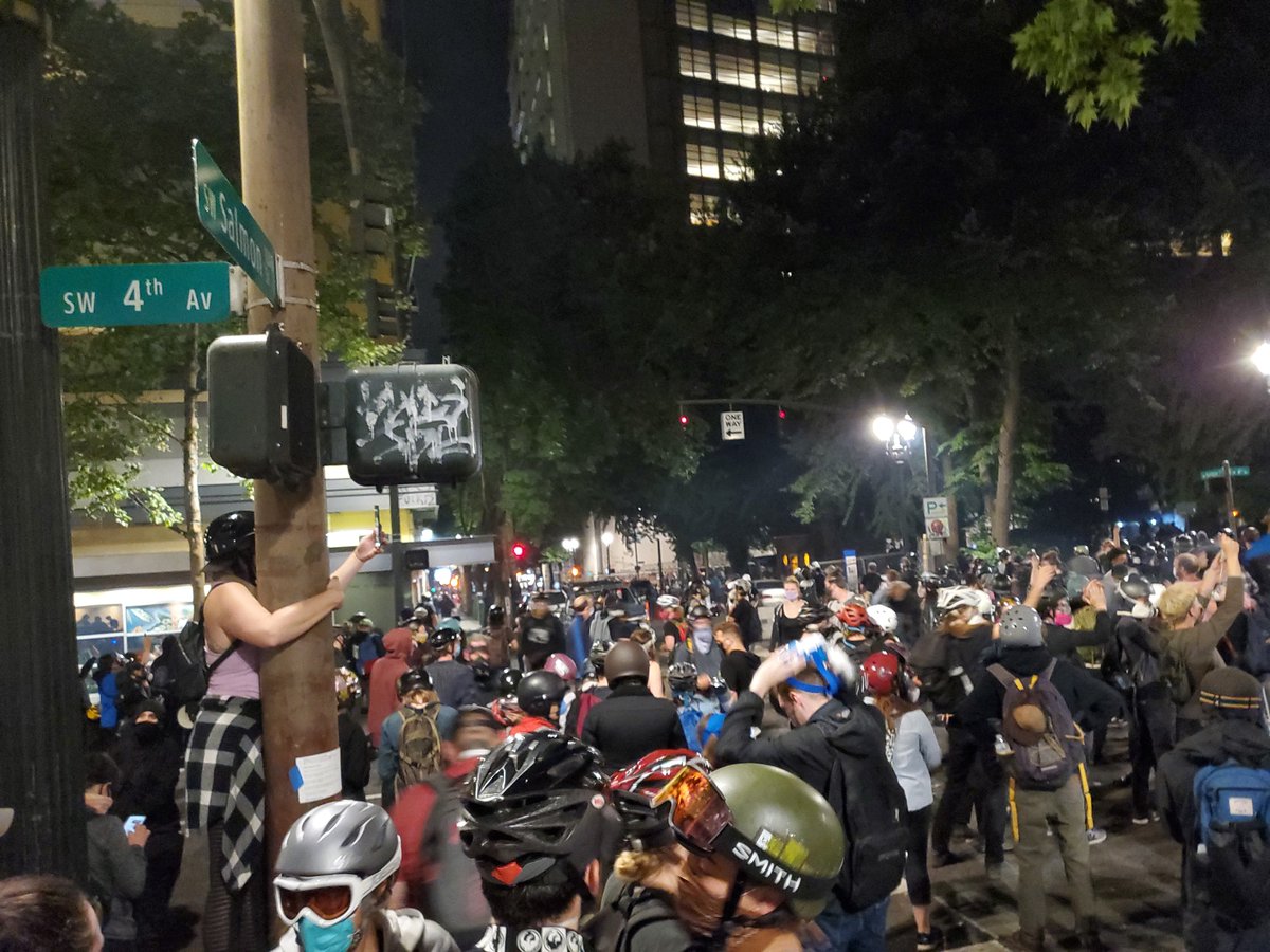 Crowd at Salmon and 4th. Fed appears to have pulled back. These pushes by officers don't seem to be doing much to decrease crowd size. People seem to be building up a tolerance to the tear gas.