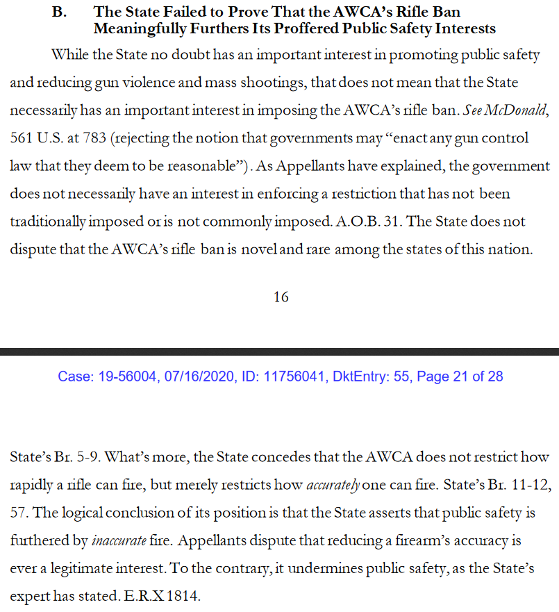"What’s more, the State concedes that the AWCA does not restrict how rapidly a rifle can fire, but merely restricts how accurately one can fire. The logical conclusion of its position is that the State asserts that public safety is furthered by inaccurate fire."
