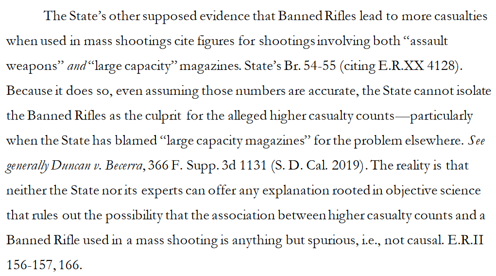 "...even assuming those numbers are accurate, the State cannot isolate the Banned Rifles as the culprit for the alleged higher casualty counts—particularly when the State has blamed 'large capacity magazines' for the problem elsewhere."