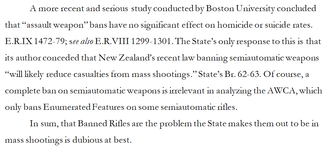 "The State’s only response to this is that its author conceded that New Zealand’s recent law banning semiautomatic weapons 'will likely reduce casualties from mass shootings.' Of course, a complete ban on semiautomatic weapons is irrelevant in analyzing the AWCA..."