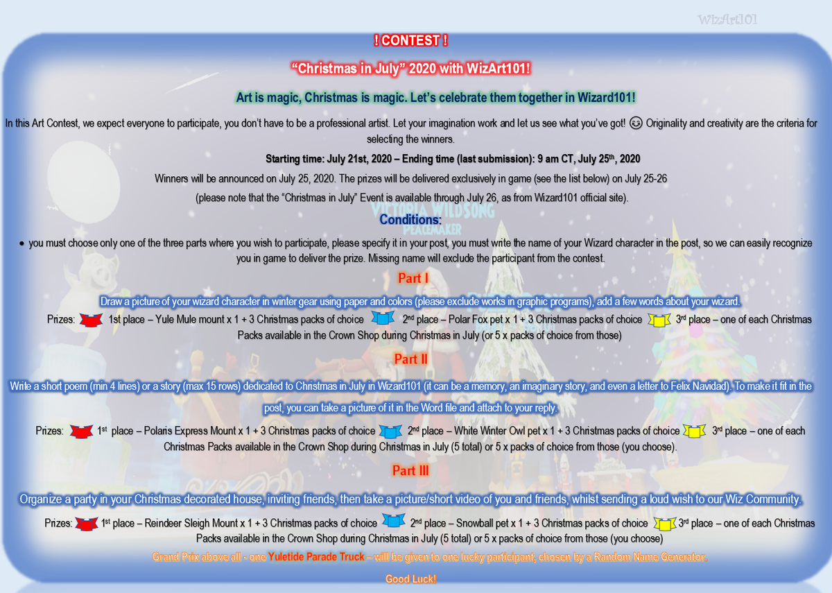 WArt101's tweet photo. UPDATE! In time to correct an important info. The Christmas Event is through July 26, therefore the deadline for the contest will be at 9 AM CT - JULY 25. Last day for prizes to be redeemed - July 26. Thanks all for understanding :) https://t.co/LMEOxzNsMn
