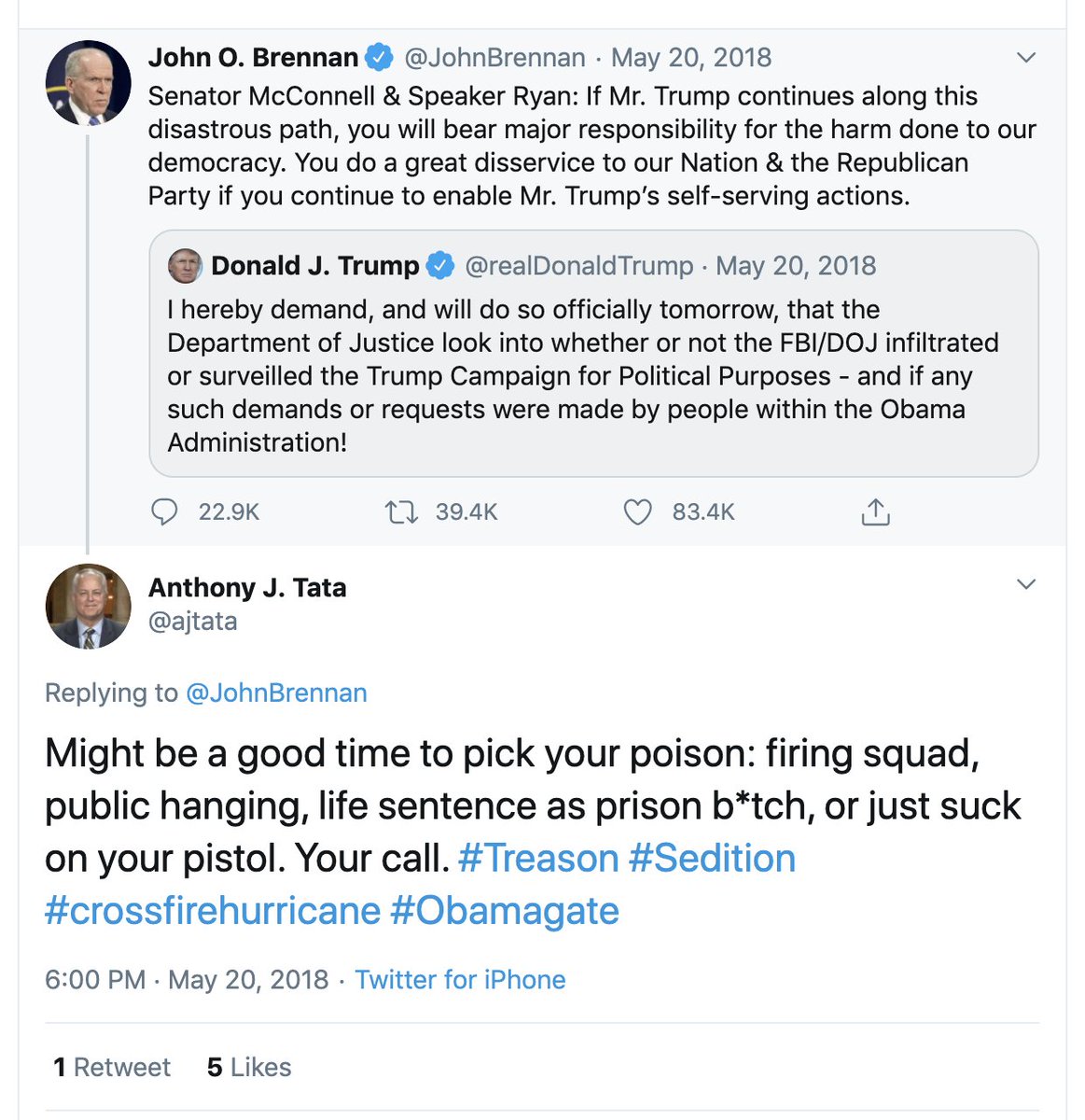 Trump nominee Anthony Tata's 2018 tweet to  @JohnBrennan telling him to, "pick your poison: firing squad, public hanging, life sentence as prison b*tch, or just suck on your pistol. Your call," – was also removed for violating Twitter's rules after we reported on it.