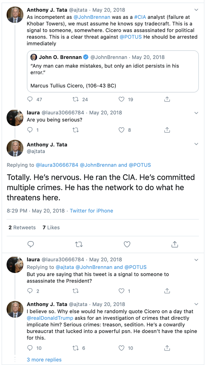 Also his tweet saying  @JohnBrennan tried to order Trump's assassination via Twitter code is still online.Read this whole exchange. The nominee for a top Pentagon position, getting a hearing next Thursday.  https://twitter.com/ajtata/status/998360218512830465