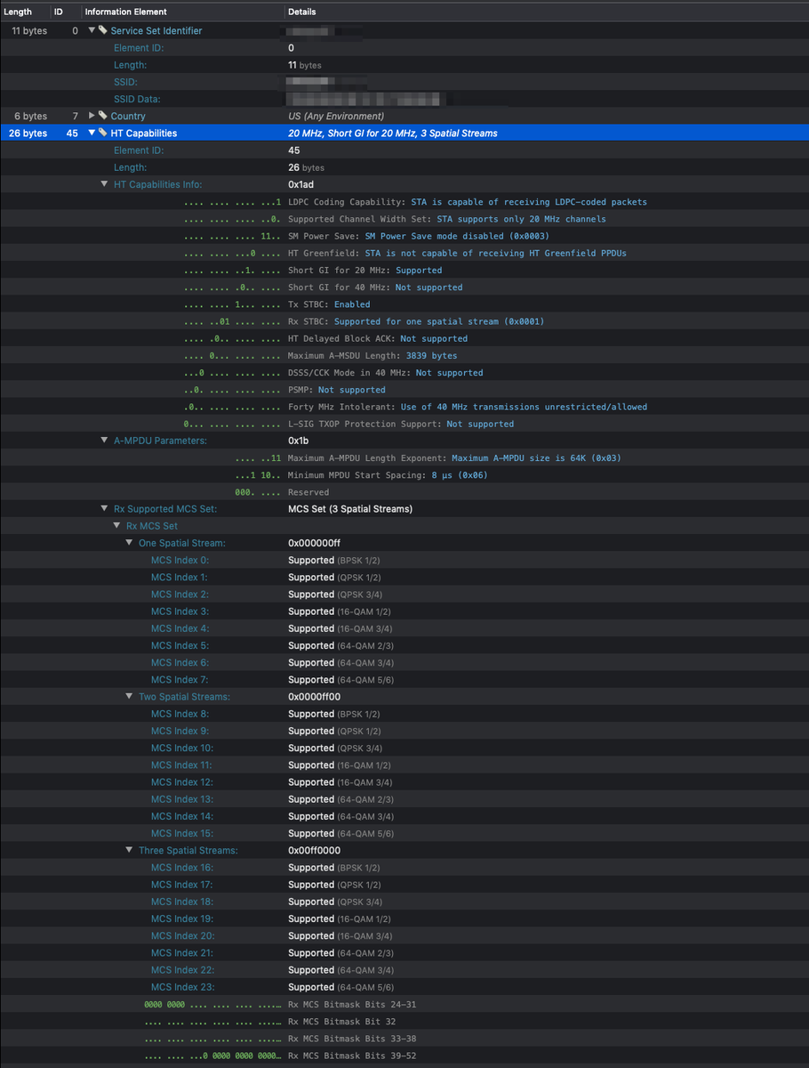 4/ Here are just some of the individual capability parameters of an AP near my house. Unless the attacker matches all of these, and more, the presence of an evil twin AP should be blatantly obvious.