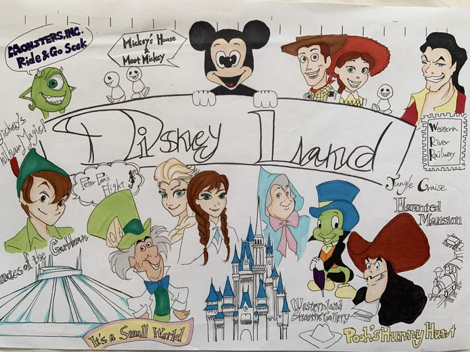 昔一緒にディズニー行った友達に当日乗ったアトラクションと会ったキャラクターを描いてプレゼントしたやつのコピーかな笑
色塗りやめてる笑 